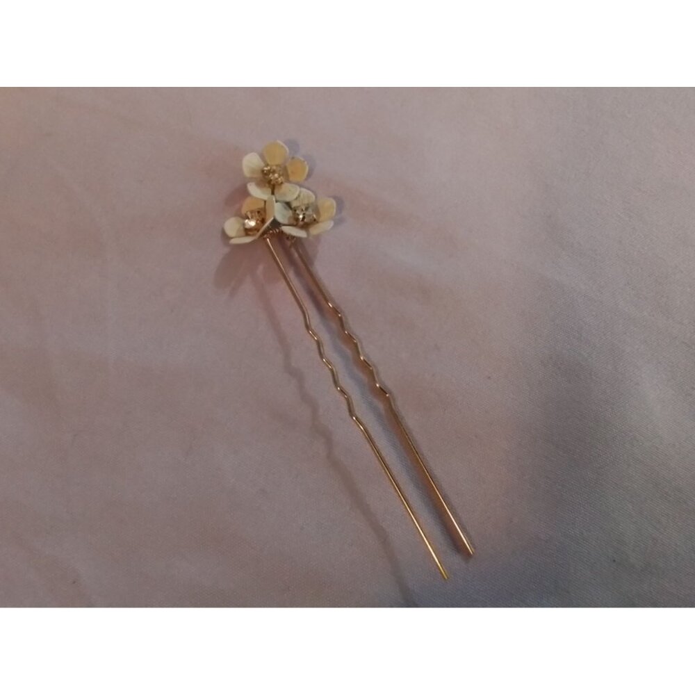 Gold Tone & White Floral Hair Pins With Rhinestone Accents
